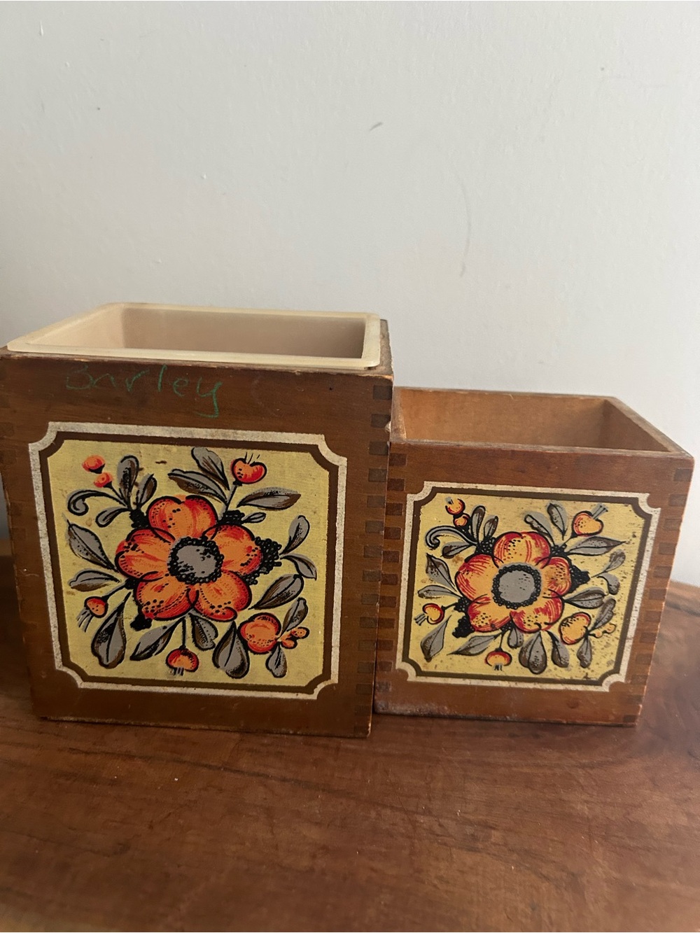 Vintage Floral Wooden Storage Boxes Planters Brown Orange dovetail corners 2